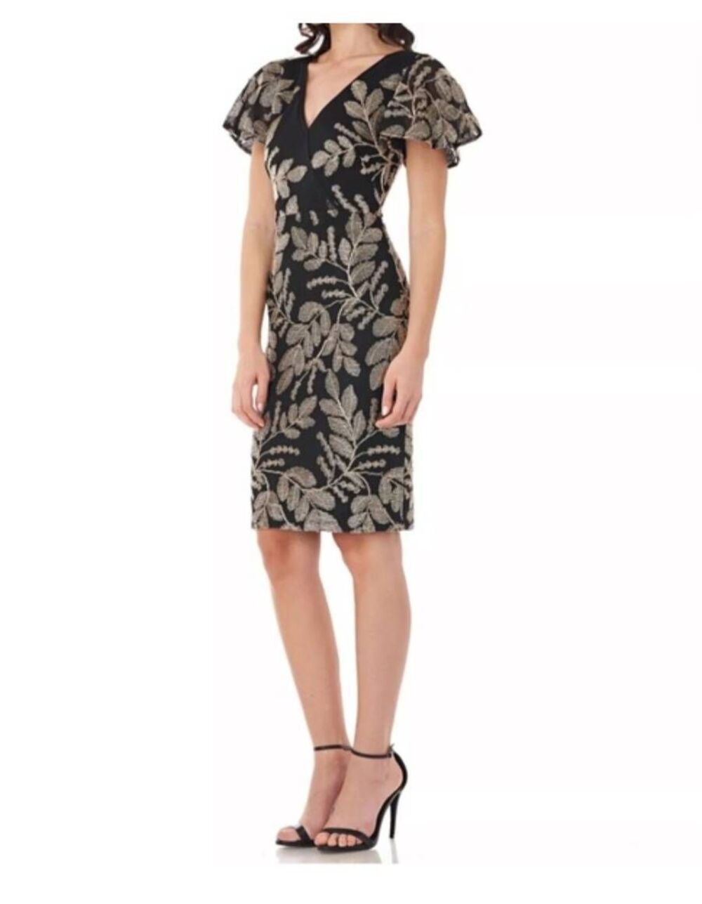JS Collections Blk/Gold Flutter Slv Knee Length Cocktail Dress, V Nevk, NWOT,2